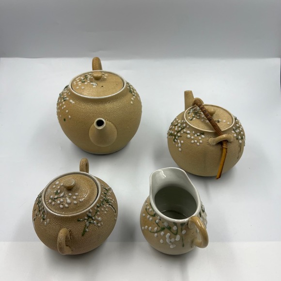 Antique Meiji Period Tea Set 4 Pieces Shark Skin Moriage Porcelain Cream Sugar - Picture 6 of 16